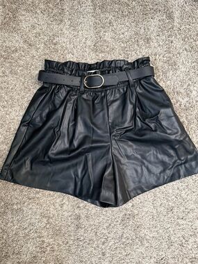Zara Black High-Waist Faux Leather Paperbag Shorts with Belt
